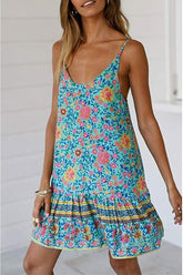 Damen Boho-Kleid mit Blumenmuster, Sommer, ärmellos, verstellbarer Riemen, Strand-Minikleid mit Taschen
